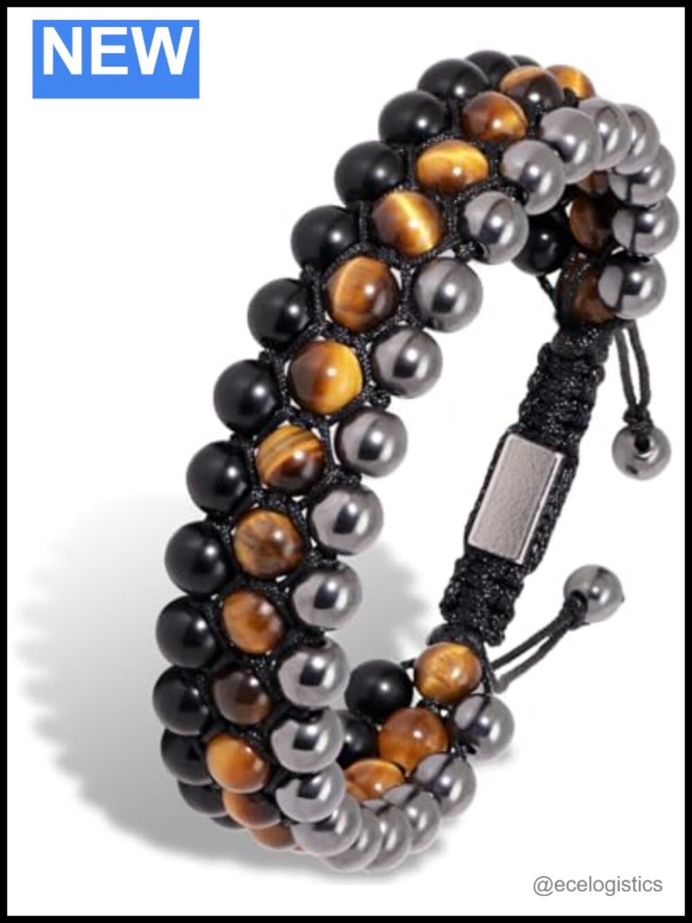Natural Hematite Tiger Eye Obsidian Bracelet Adjustable 3-Row Hand-Braided